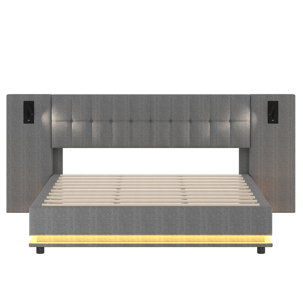 KOMHTOM Opzetbed 180x200cm Linnen met LED-strip hoofdbordspot en USB-poort - Zonder matras