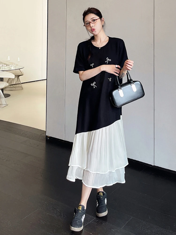 NYFS فستان صيفي 2025 كوريا نمط المرأة فضفاضة حجم كبير كم قصير غير النظامية المرقعة الغزل هيم فستان طويل رداء Elbise #2