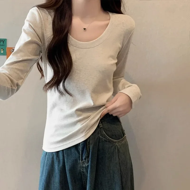 Women New Pure Cotton Big U-Neck T-shirts Long Sleeve Solid Colors Elastic Slim Tops Sping Autumn Simple Casual Bottoming Shirts