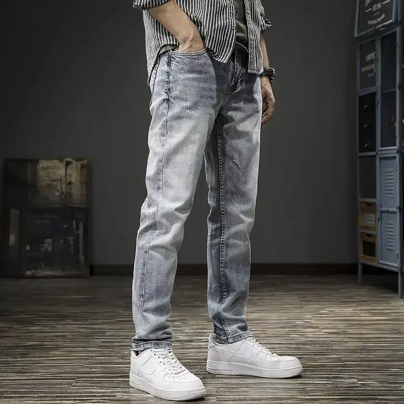 

Autumn Spring Korean Popular Clothes Men's Casual Slim Fit Pencil Pants Retro Vintage Light Wash Jeans Ins Cool Denim Trousers