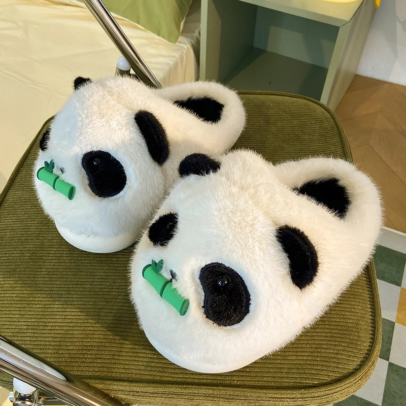 

New cuddly panda eating bamboo slipper womens winter home room slides indoor heel wrap slippers woman fluffy animal shoes 2024