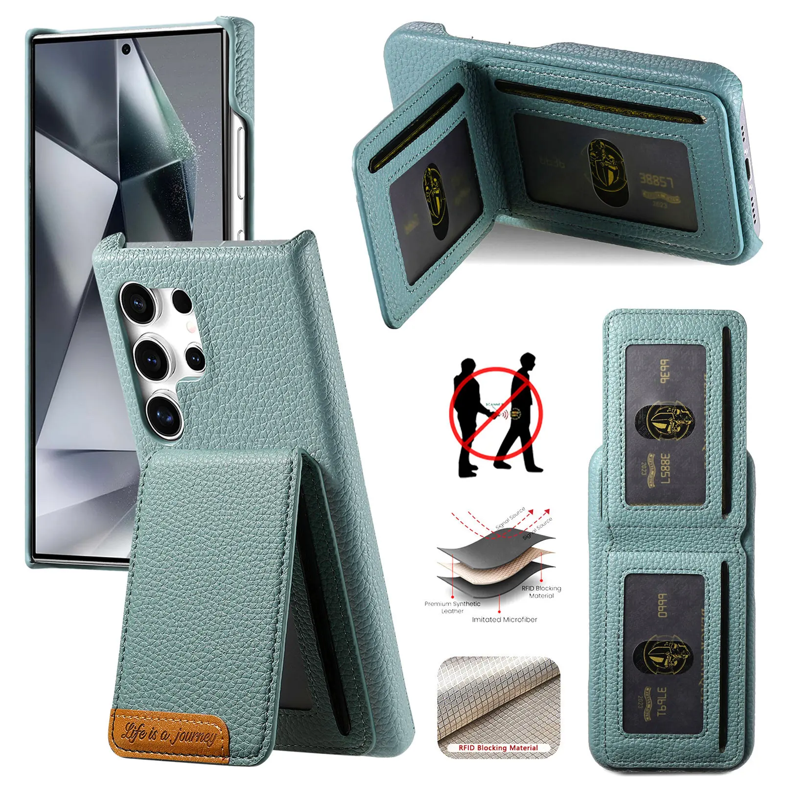 case for Samsung S26 S25 S24 S23 S22 S21 ULTRA lychee grain card holder protective case full coverage plain WIth Kickstand