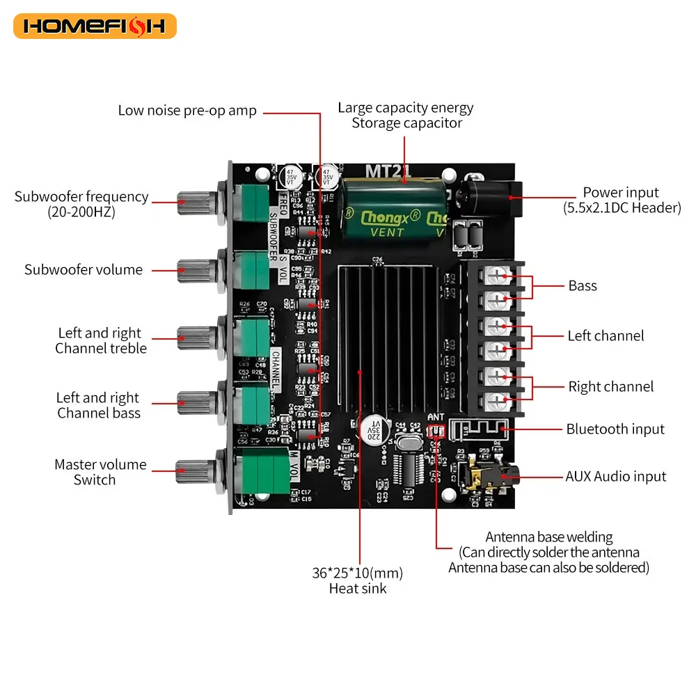 ZK-MT21 Channel Bluetooth 5.0 2.1 Subwoofer Amplifier Board 50W*2 +100W Power Audio Stereo Amplifier.