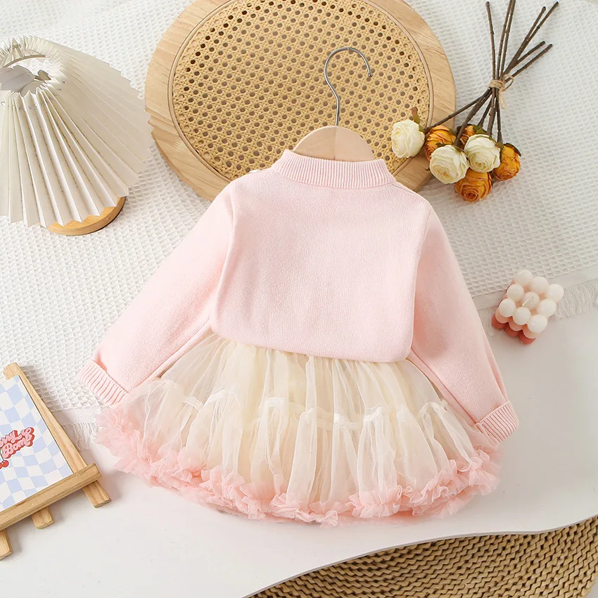 2-7 Y Girls Clothing Set  Single Breast Sweater Ruffle Tulle Skirts 2Pcs  Girls Knit Suit Bunny Cardigans Ball Gown Skirts