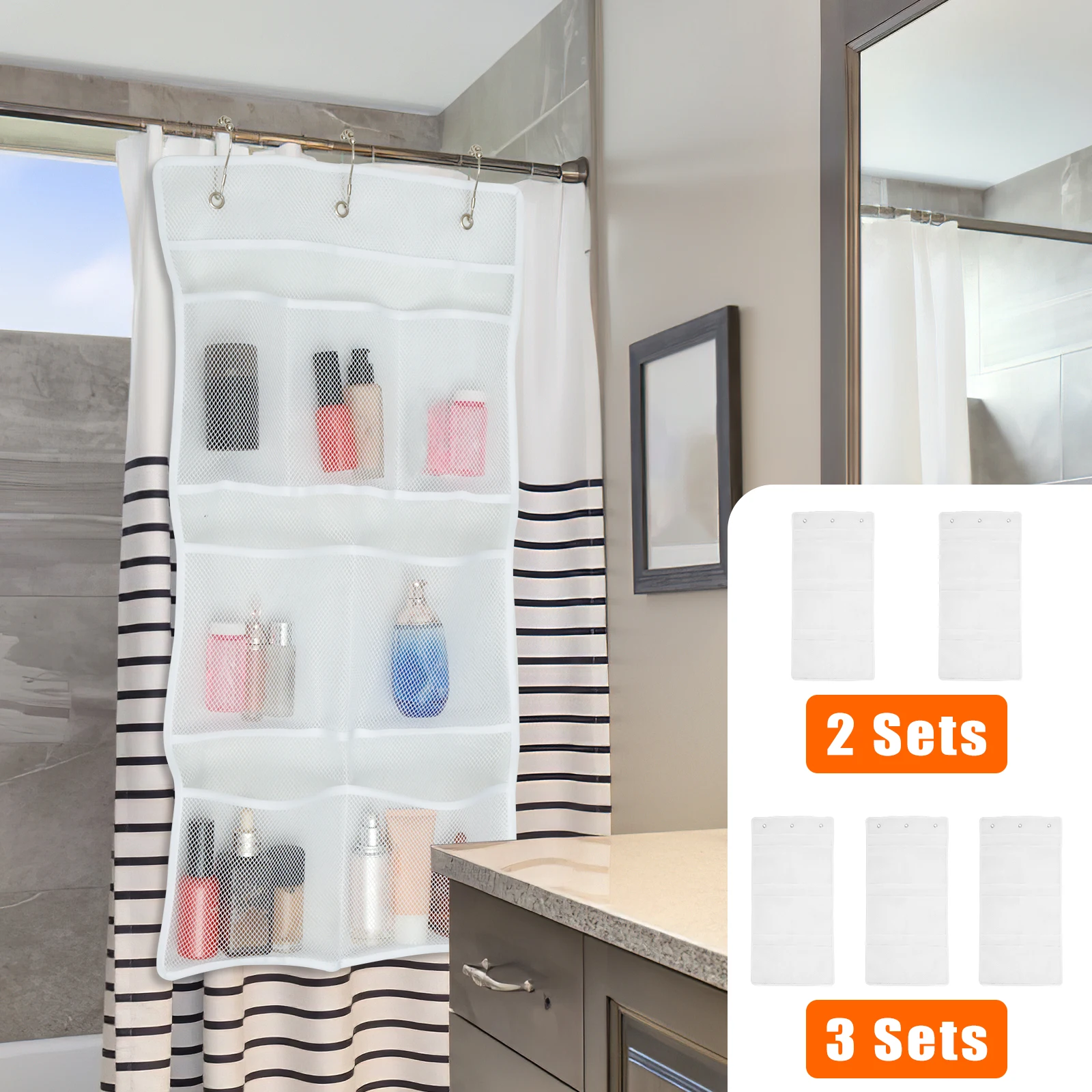 

2 or 3 Pcs 7 Pockets Mesh Shower Caddy with Hooks Hanging Mesh Shower Organizer Fast Dry Shower Curtain Caddy Bath Toy Organizer