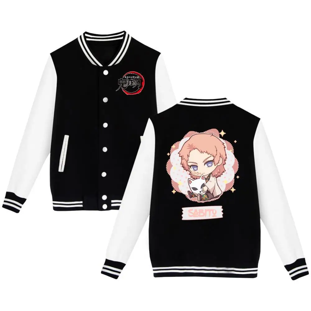 

Unisex Baseball Jacket with Demon Slayer Sabito Pink Hair Character Holding White Kitten Print Pattern Anime Fashion Outerwear