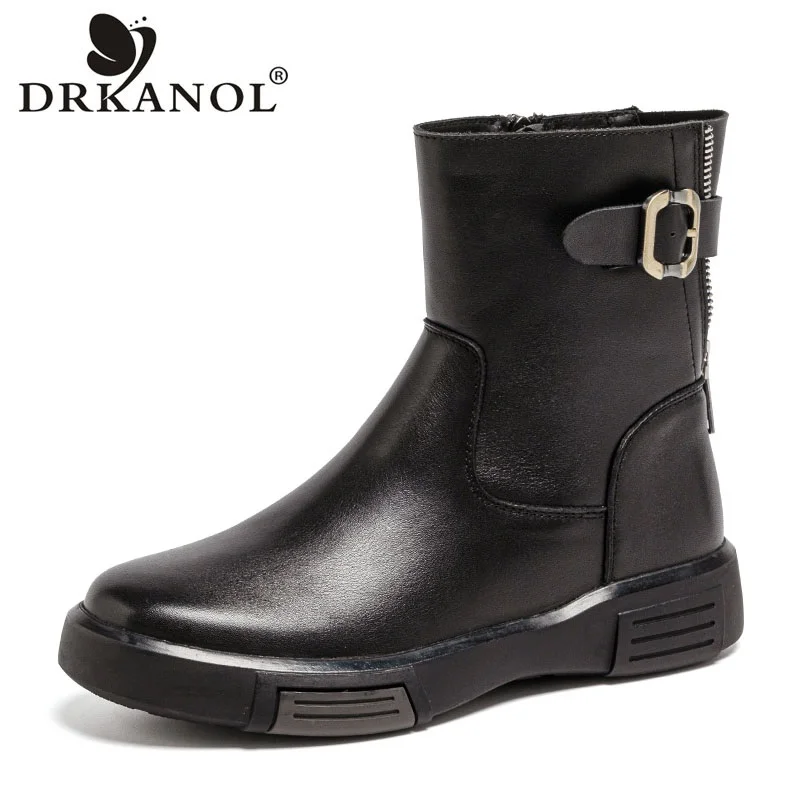 DRKANOL Women Mid Calf Boots Autumn Winter New Design Flat Real Cowhide Round toe Zipper Platform Casual Plush Warm Trend Boots