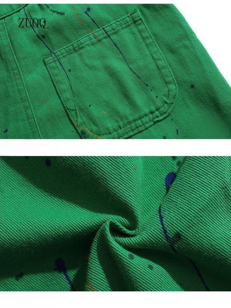 New 2025 Splash Ink High Street Strap Denim Pants Men American Vintage Casual Overalls Jeans Man