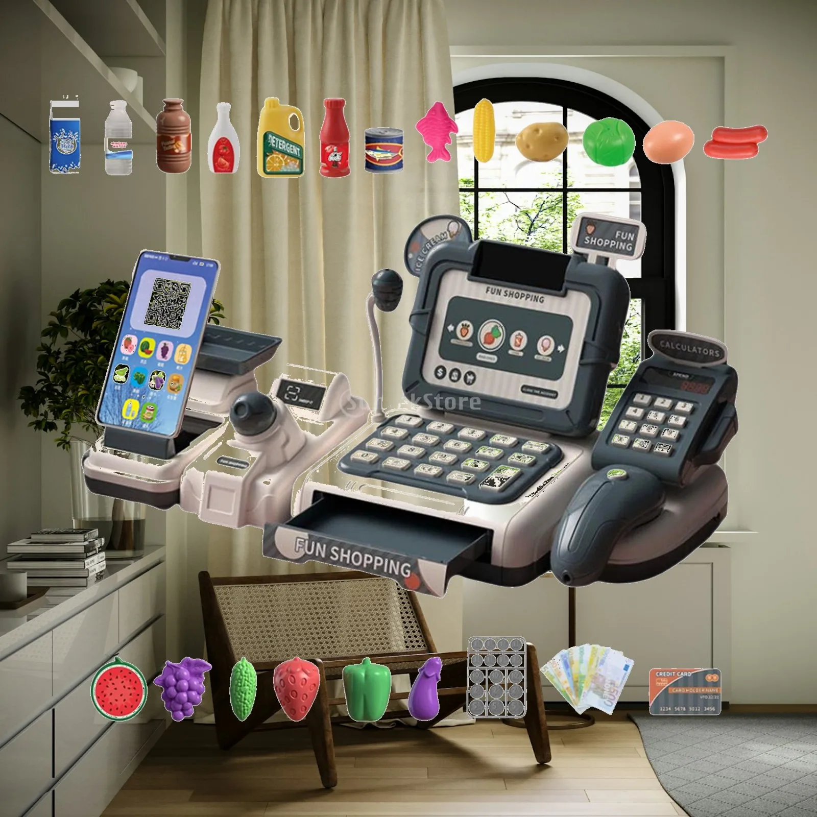 Cash Register Set Supermarket Cashier Pretend Play with Lights and Sounds Kids Pretend Play Toy for Kids Baby Birthday Gifts
