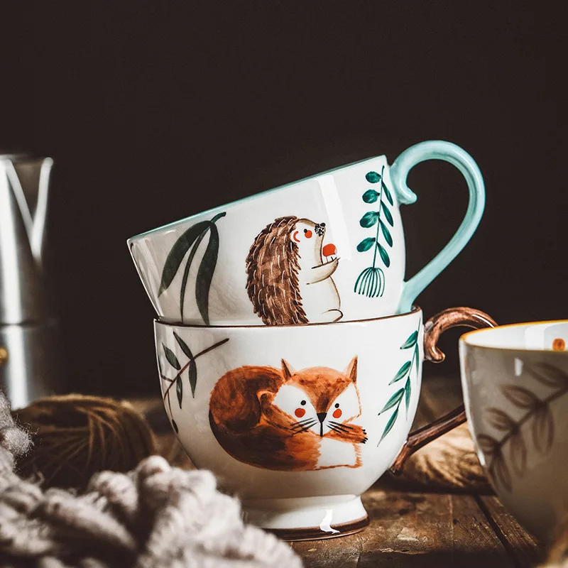 Hand Painted Porcelain Cat Fox Bird Hedgehog Deer Mugs Microwave Safe Vintage Kitchen Drinkware Cute Coffee Milk Oatmeal Tea Cup