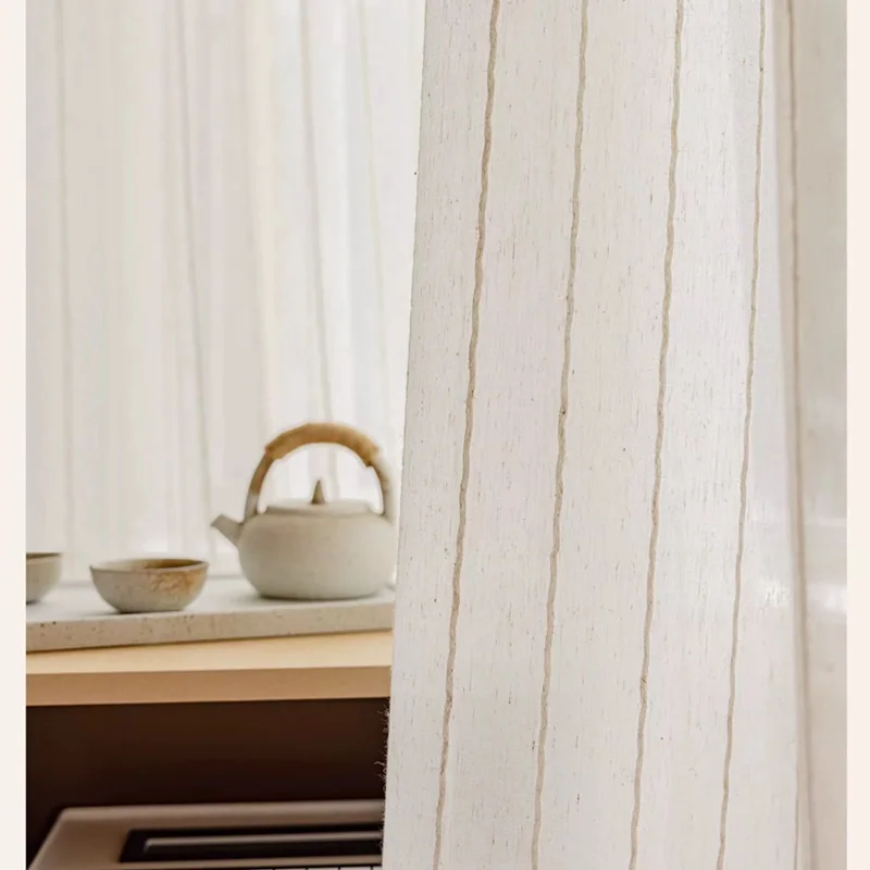 Japanese Vertical Texture Linen Sheer Curtain, Living Room Bay Window Light Filtering Privacy Screen, Translucent Custom Size