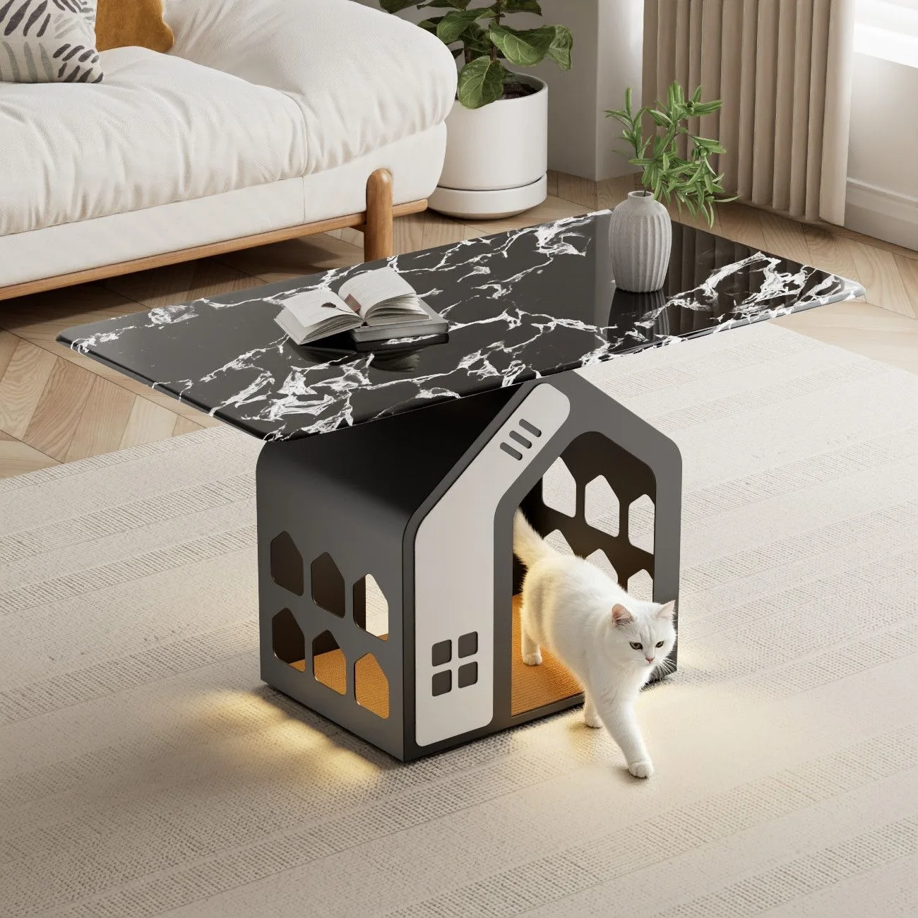 Italian minimalist style household cat nest coffee table creative house base super crystal stone coffee table people and pets