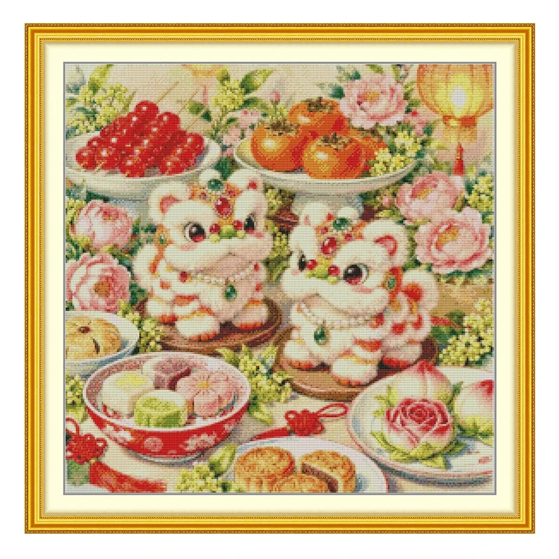 Chinese Lion Dance Patterns Counted Cross Stitch Set DIY 11CT 14CT 16CT HD Stamped DMC Cross-stitch Kit Embroidery Needlework