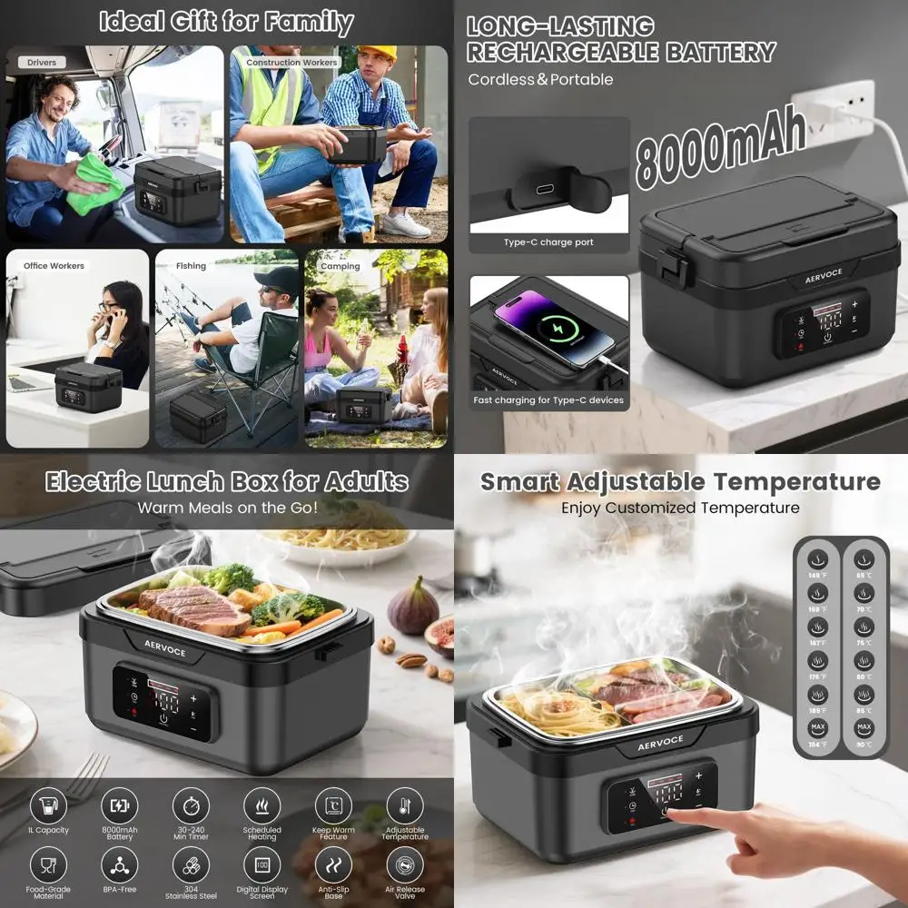 

Cordless 8000mAh Heated Lunch Box for Adults - 1L Portable Food Warmer for Car, Office, Outdoor Jobsites