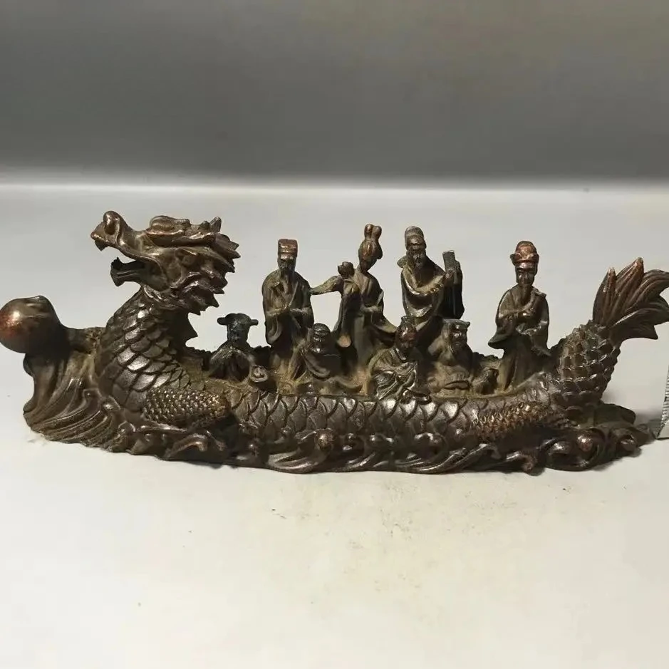 Antique Bronze Eight Immortals Dragon Boat Statue - Chinese Fengshui Figurine Set for Home Office Decor
