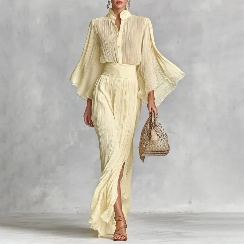 

Tinaa Women's Elegant Evening 2 Piece Sets Solid Color Flare Sleeves Stand Collar Blouses & High Waist Slit Pleated Maxi Skirts