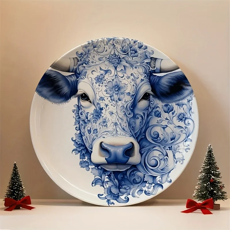 Blue and White Porcelain Ox Head Ceramic Decor Plate - Hanging Wall Art, Suitable for Families, Living Rooms, and Offices