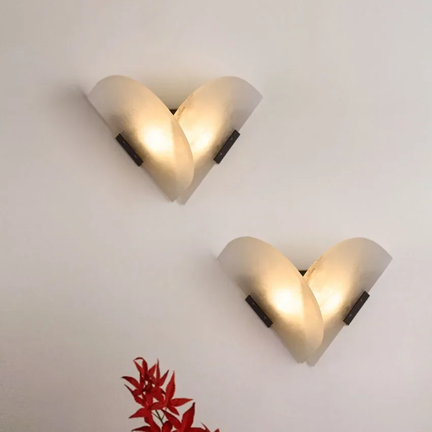Natural Semicircle Marble Wall Lamp Continental LED Dimming Living Room Bedroom Study Simple Installation Home Light Decoration