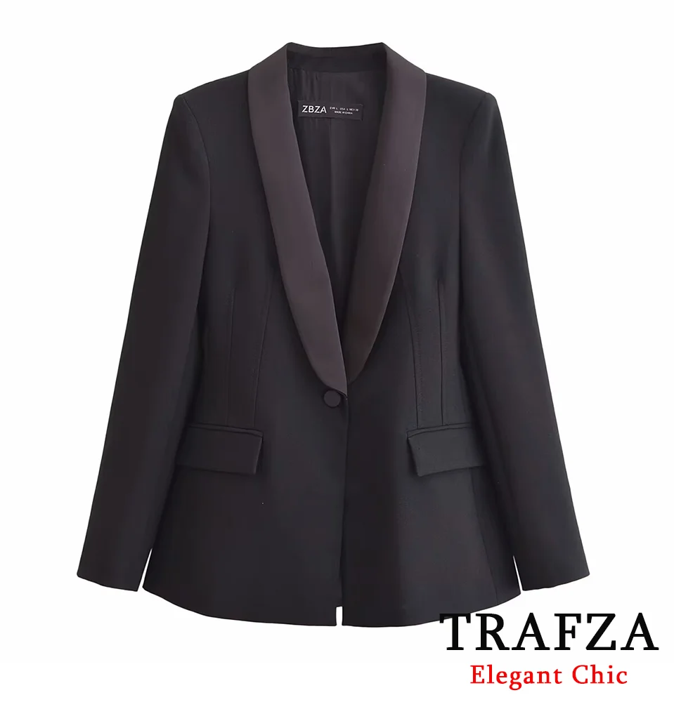 TRAFZA-Women Elegant Satin Collar Blazer Lapel Single Button Dinner Slim Blazer New 2025 Spring Fall Fashion Classic Date Blazer