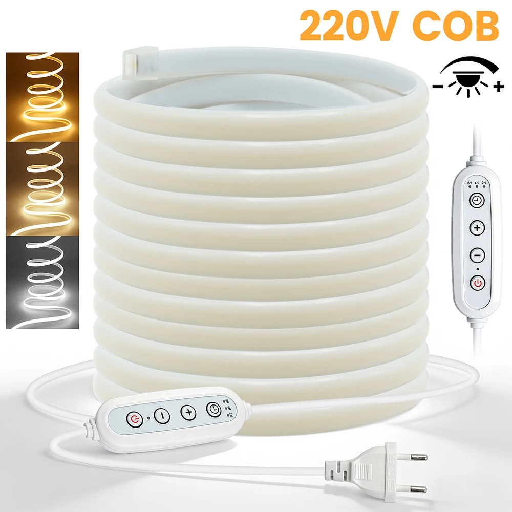 220V Dimmable COB LED Strip Light Switch/Dimmer Power Kit 288LEDs Waterproof 3000K 4000K 6000K Room Lighting Flexible Neon Lamp