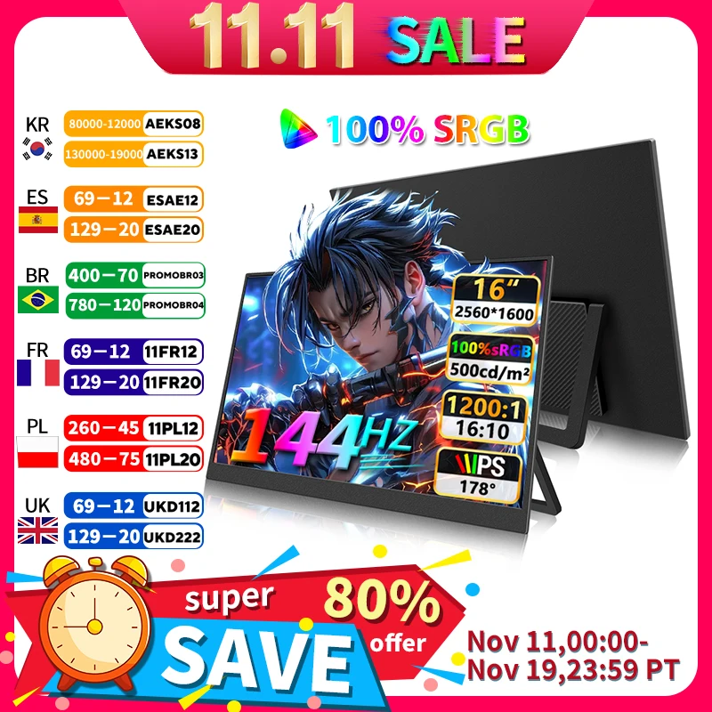 

144Hz 2.5K 16 inch Portable Gaming Monitor QHD IPS USB-C HDMI External Display Second Screen for Laptop PC Mac Switch PS5/4 Xbox