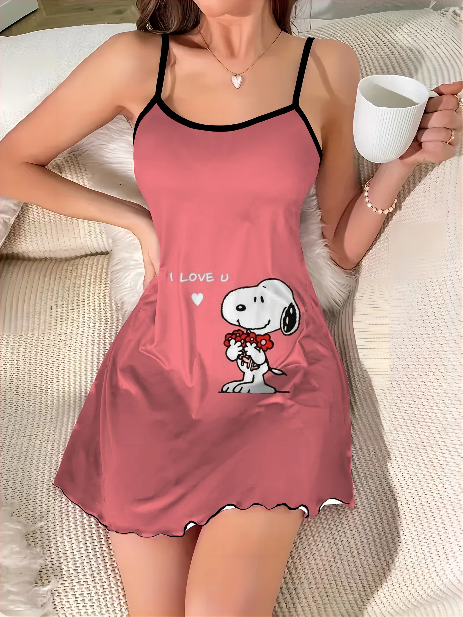 Mini abito Snoopy pigiama gonna abiti eleganti per le donne lattuga Trim superficie satinata girocollo moda estate 2024 Chic Sexy Trim