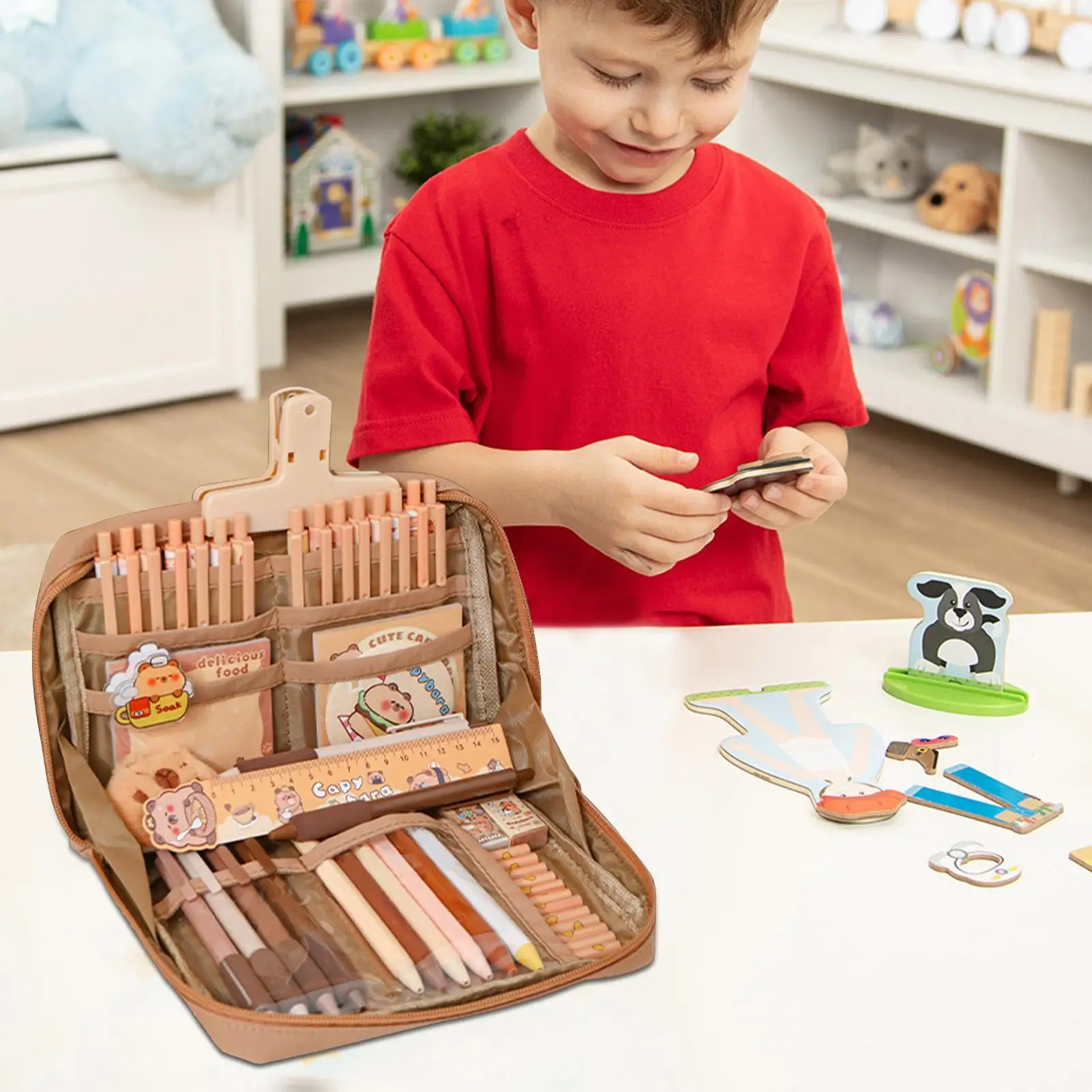 Kotak Pensil Capybara Set Alat Tulis Capybara Lucu Termasuk Stiker Kompartemen Kanvas Kantong Pena dengan Gel Gantungan Kunci Stabilo