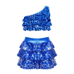 Kinder Mädchen Pailletten Hip Hop Jazz Tanz Kostüm abgestufte Rüschen eine Schulter Crop Top Weste mit Hosen rock Set Performance Outfit