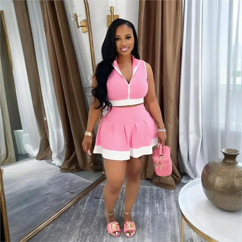 

Women's New Skirt Set Sleeveless V-neck Zipper Vest + Pleated Skirts Summer Cute Street Beach Two 2 Piece Sets Outfits Tracksuit