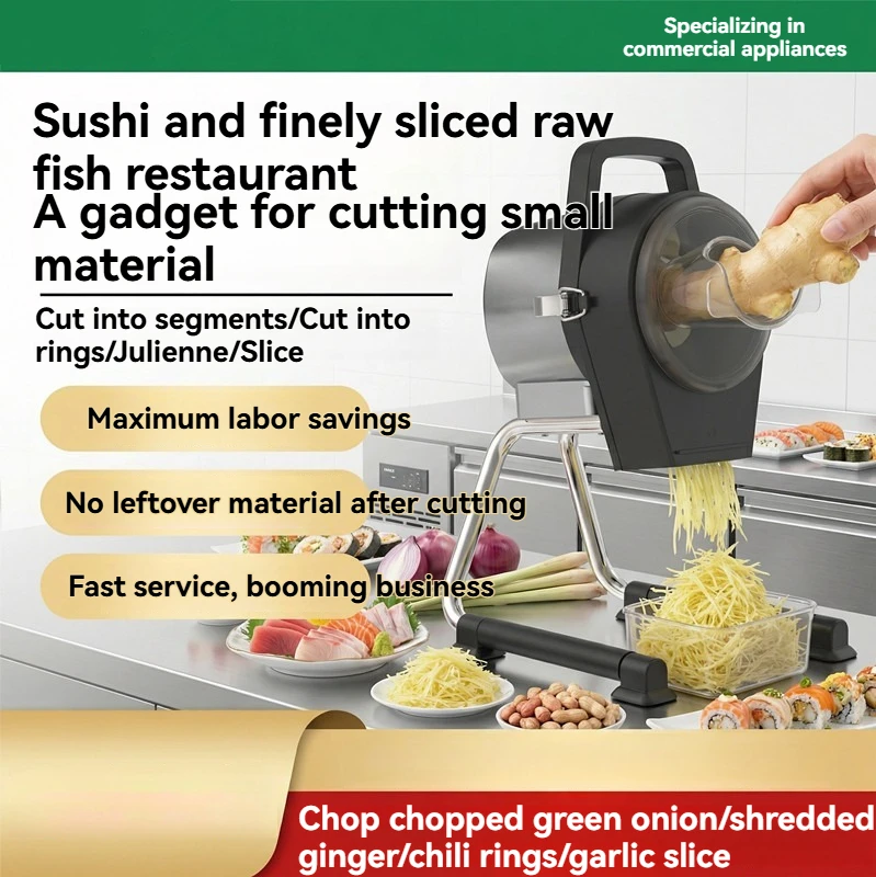 Máquina comercial para cortar jengibre, cebollas, chiles y ajo en tiras y anillos, ideal para preparar sushi y para uso en pescaderías.