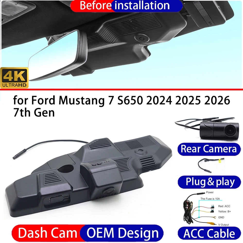 Cámara para Tablero de Ford Mustang 7 S650 2024-2026 7ª Generación, Delantera y Trasera, DVR 4K UHD, Grabadora de Video para Conducción, Modo Estacionamiento