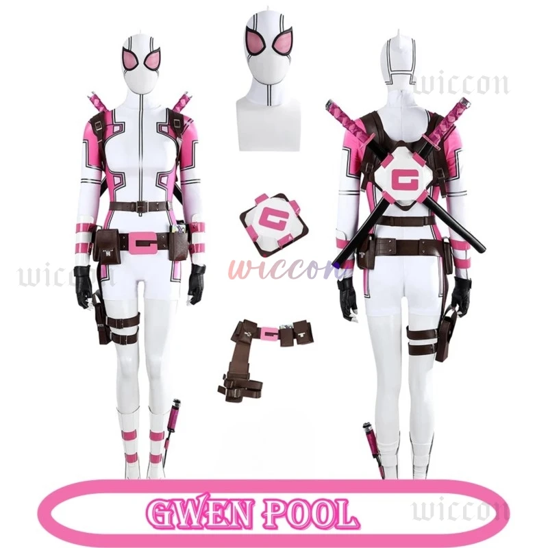 Gwen Pool Cosplay Costume Gwenpool Pink White Pool Bodysuit with Belt Set Lady Dead3pool Spandex Suit for Halloween Party