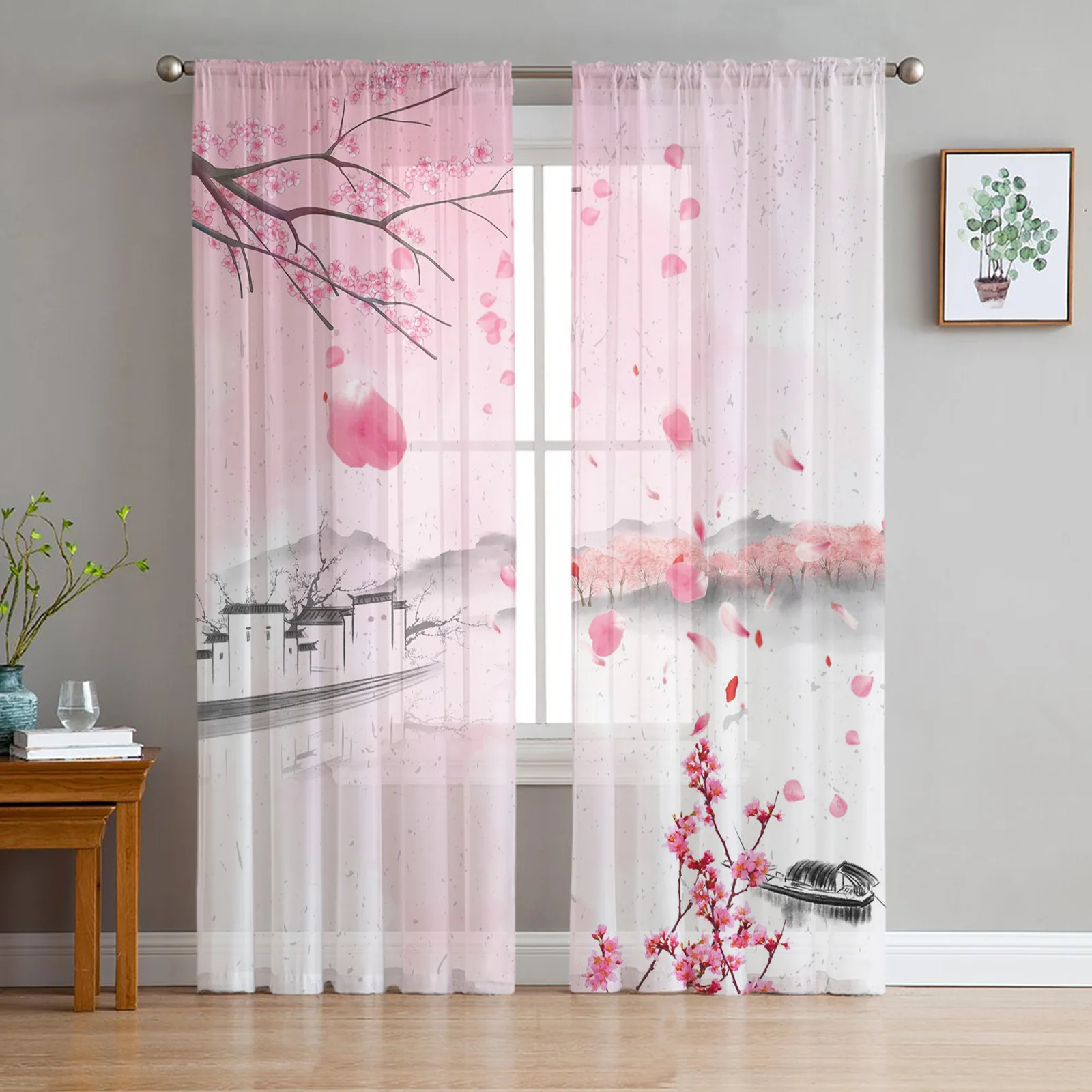 

Watercolor Pink Cherry Blossom Ink Chiffon Sheer Curtains for Living Room Bedroom Decoration Window Voiles Tulle Curtain Drapes