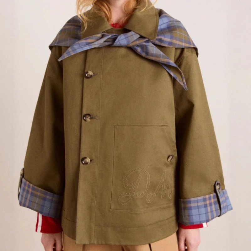 2025 Autumn and Winter New Women's Sleeve Embroidered Pocket Reversible Jacket Collared Long