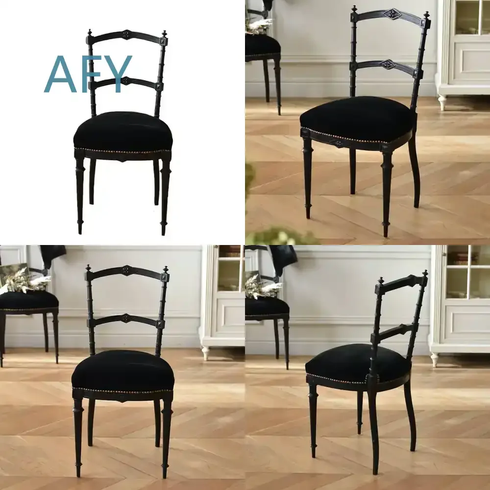 Home French Black Solid Wood Dining Chair for Small Apartment Living Room Retro Wabi Sabi Style Upholstered Dining Chair for