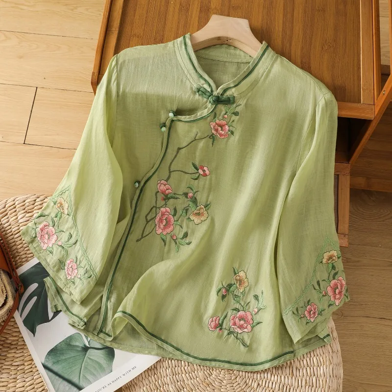 Cotton Linen Women\'s Shirt Summer Embroidery Chinese Style Blouses Trend 2024 Loose Clothing SALES Vintage Short Women Tops