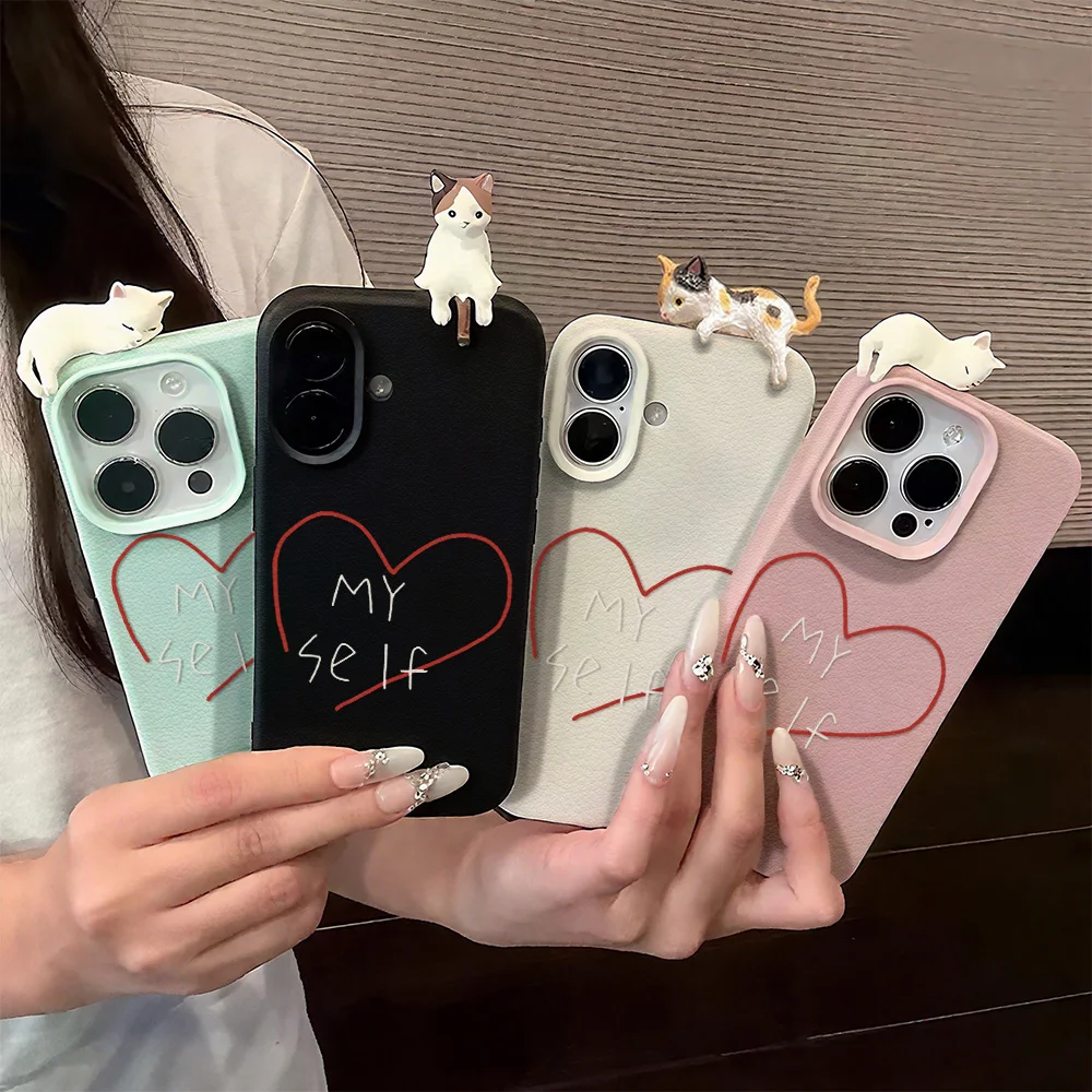 Liebe Herz mit 3D süße Katze Ledertasche für iPhone 17 Pro Max Air Cover iPhone 11 15 12 13 14 16 Pro Max 15 16 Plus Funda Cover