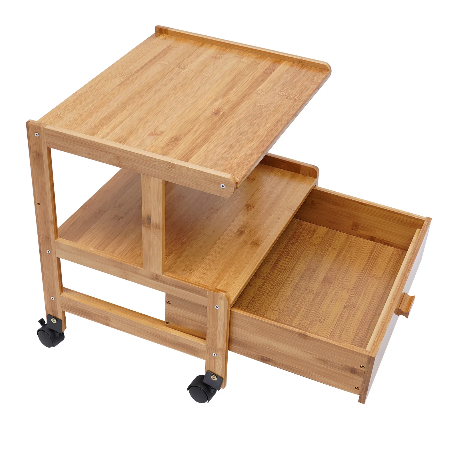 Mobile Printer Stand Holder with Storage Shelf , Rolling Cart with Wheels, Bamboo Rack for Home and Office Wood Color Book Shelf