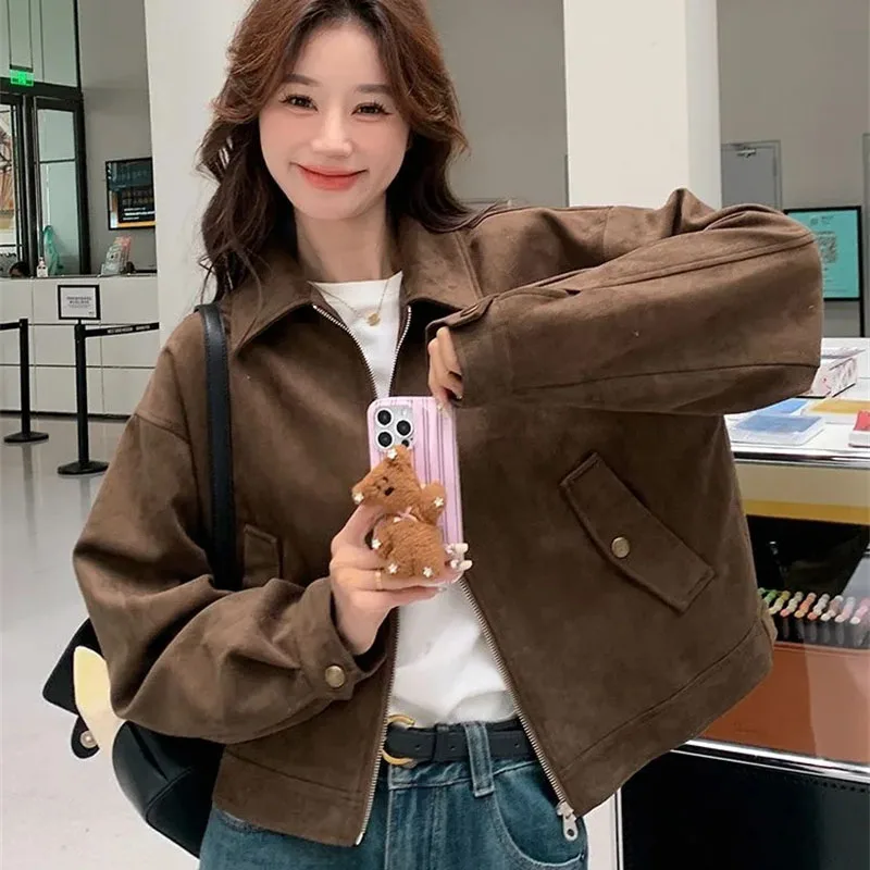 Spring Autumn Ladies Fashion Zipper Short Coat Retro Women Lmitation Suede Lined Outwear Feminine Long Sleeves Leisure Jacket