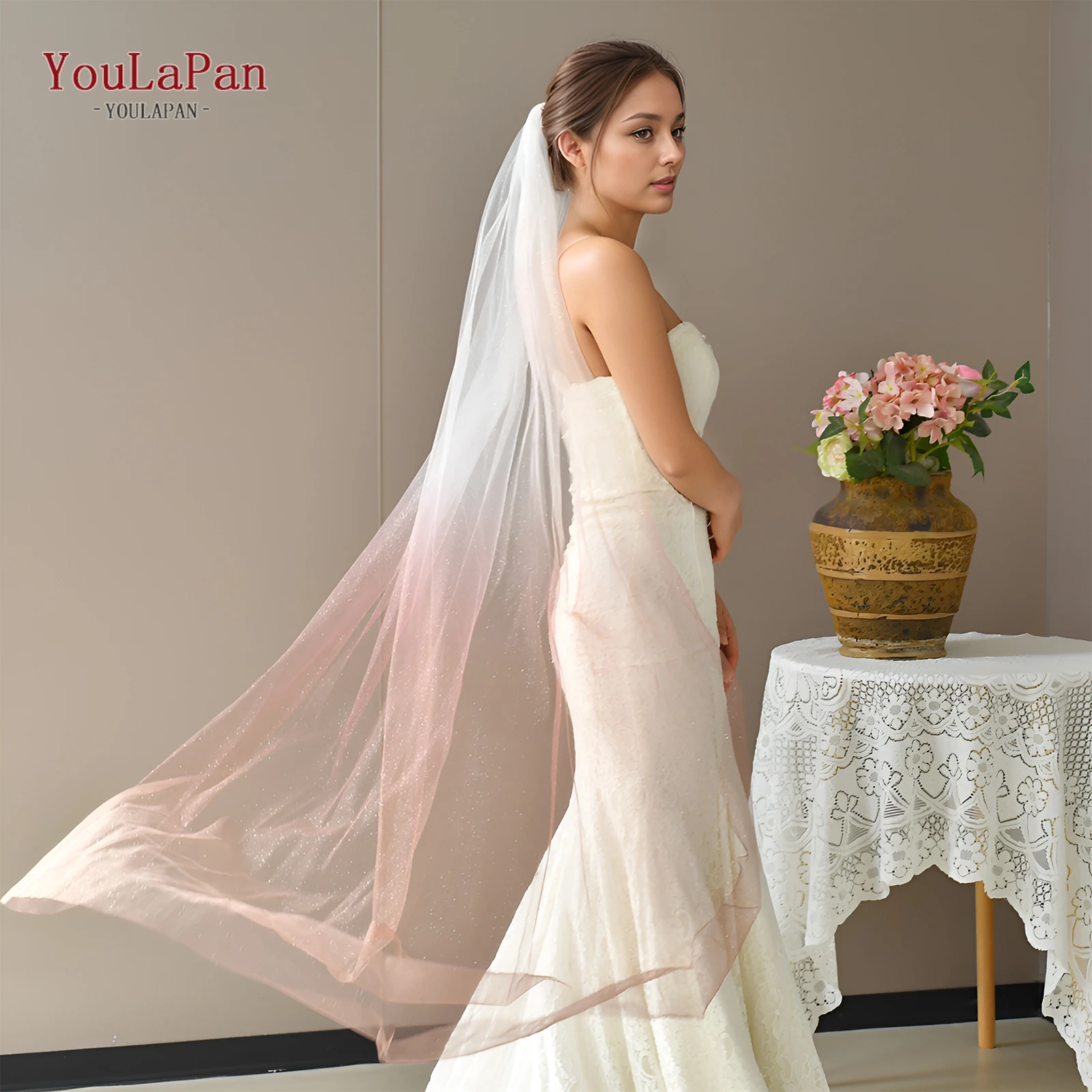 

Youlapan V219 Fashionable Red And White Gradient Bride Single-Layer Veil Waltz Length Unobstructed Starlight Mesh Dress Matchin