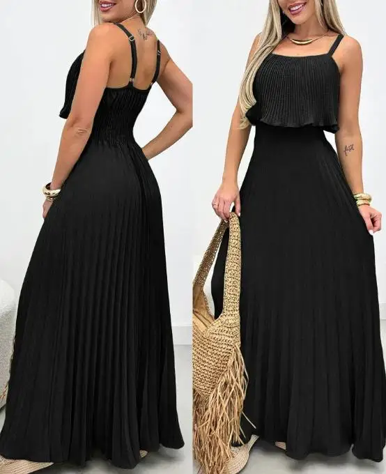 فساتين نسائية جديدة أشرطة سباغيتي مطوي تراكب تصميم فستان كامي عادية Cinched الخصر Shirred الظهر مطوي فستان عطلة