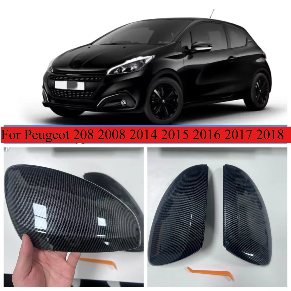 

Black/Carbon Look Car Side Rear View Mirror Covers for Peugeot 208 2008 2014 2015 2016 2017 2018 Replacement Mirror Caps Tools