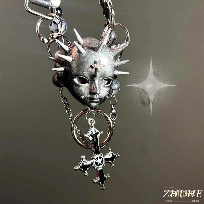 

ZHUHE Rivet Cross Face Necklace, Dark Punk Style, Personalized Design, Resin Material, Party Gift