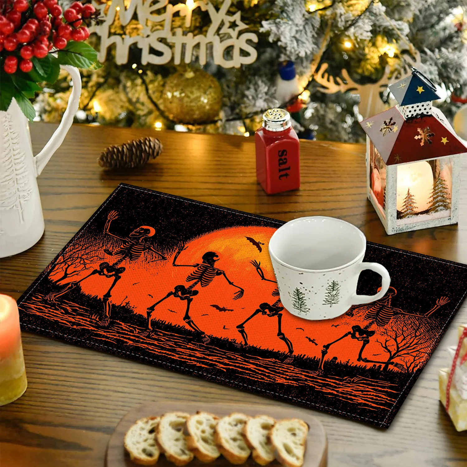 4pcs Gothic Halloween Placemat Set, Dancing Skeleton Bat Full‑Moon Print for Indoor Outdoor Kitchen Dining Table Decor