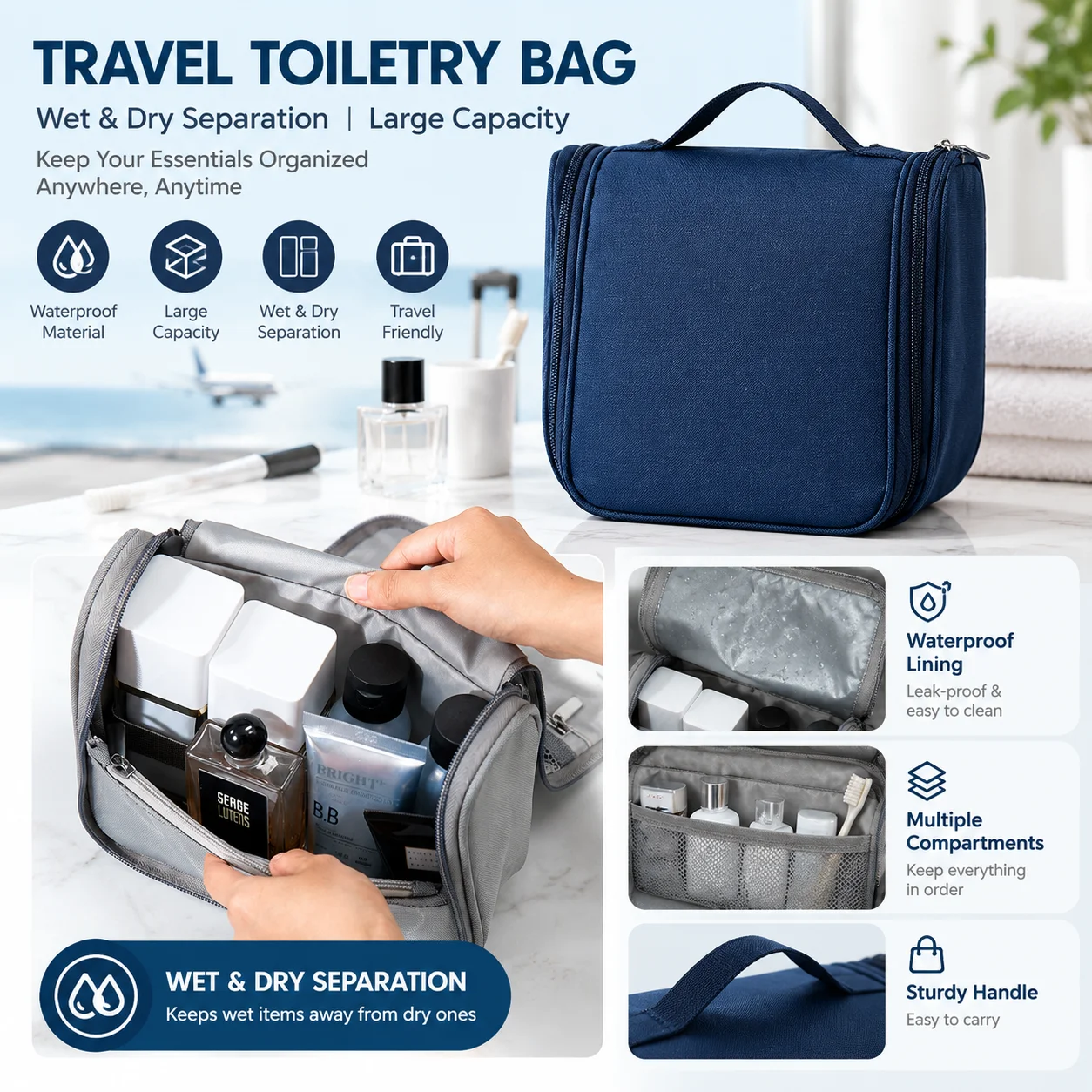 Japanese Travel Toiletry Bag Wet Dry Separation Large Capacity Portable Hanging Cosmetic Makeup Bag for Business Trip