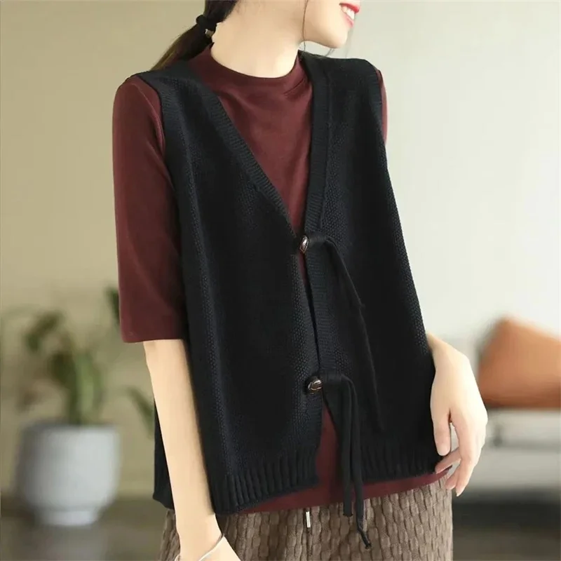 2024 Spring Autumn Restore Ancient Women\'s Sleeveless Knitting Sweater Vest Jacket Fashion V-Neck Cardigan Ladies Waistcoat