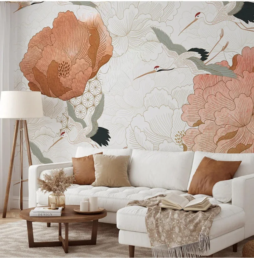 Customized Size Mural Chinese retro flower bird cranes Mural Home Decoration Restaurant Barbecue Restaurant Background Wallpaper