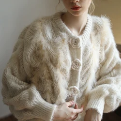 AIGYPTOS Winter Fall Warm Knitted Wool Cardigans Sweater Women Delicate Handmade Crochet Flower Bottons Elegant Short Sweaters