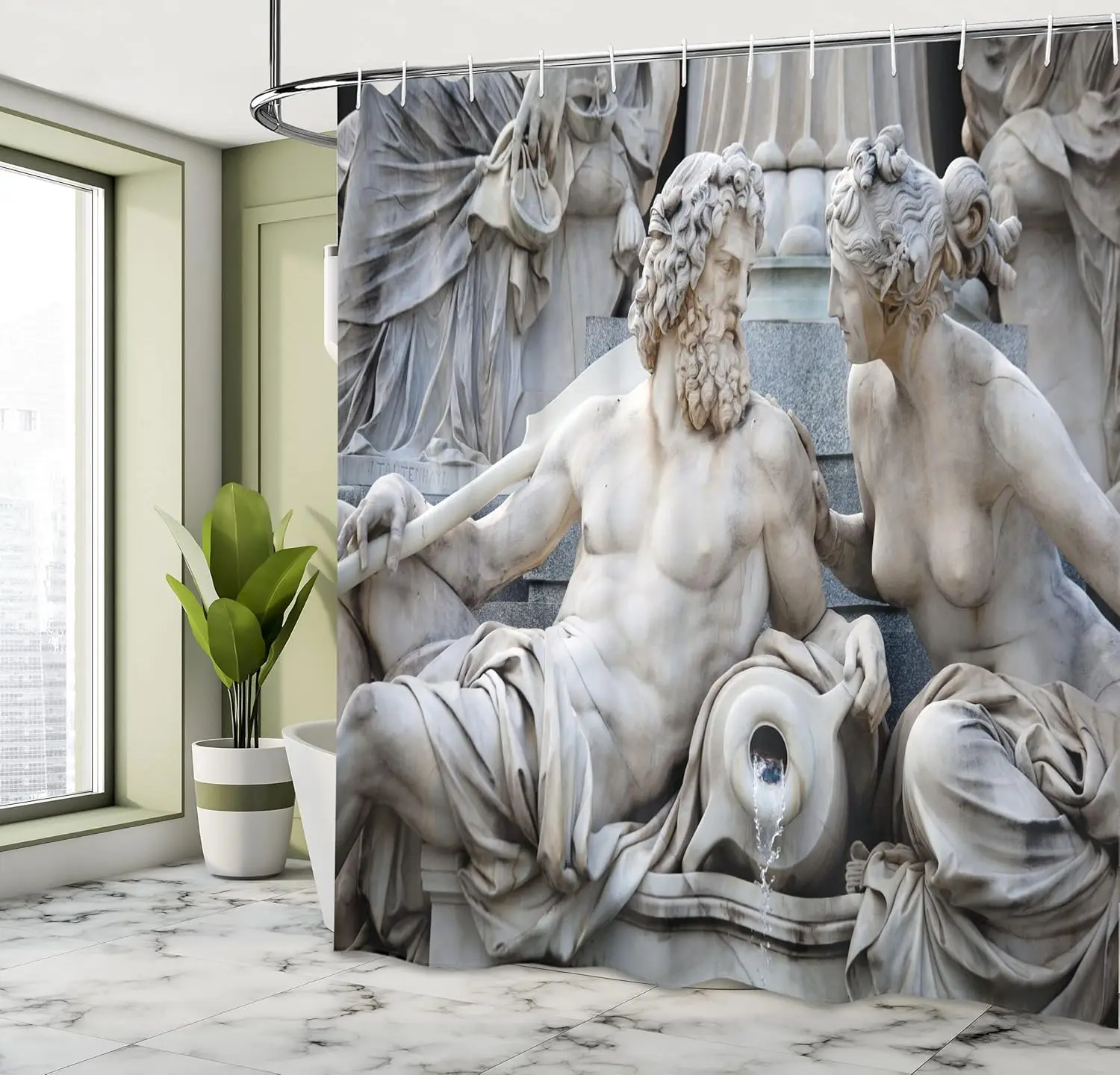 

Classical Sculpture Shower Curtain Athena Fountain Art Black & White Vintage Bathroom Decor with Hooks