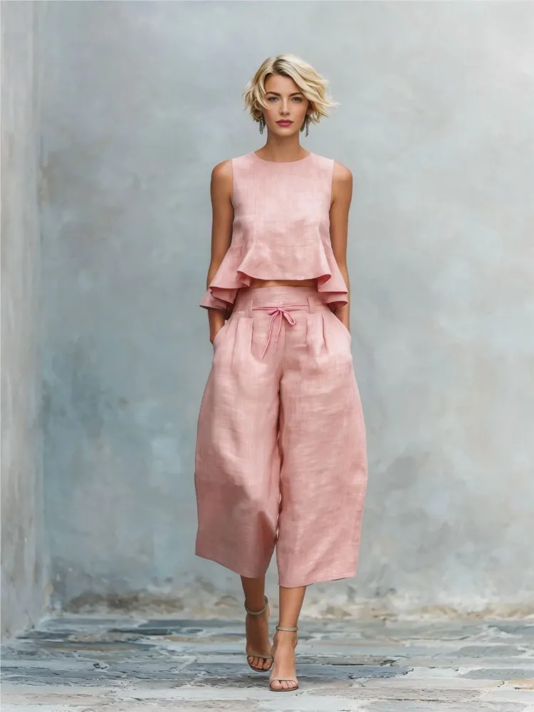 

O-neck Sleeveless Vest Wide-leg Pants Suit 2026 Spring And Summer New Vacation Suit For Women Elegant Casual Ruffled Loose Suit